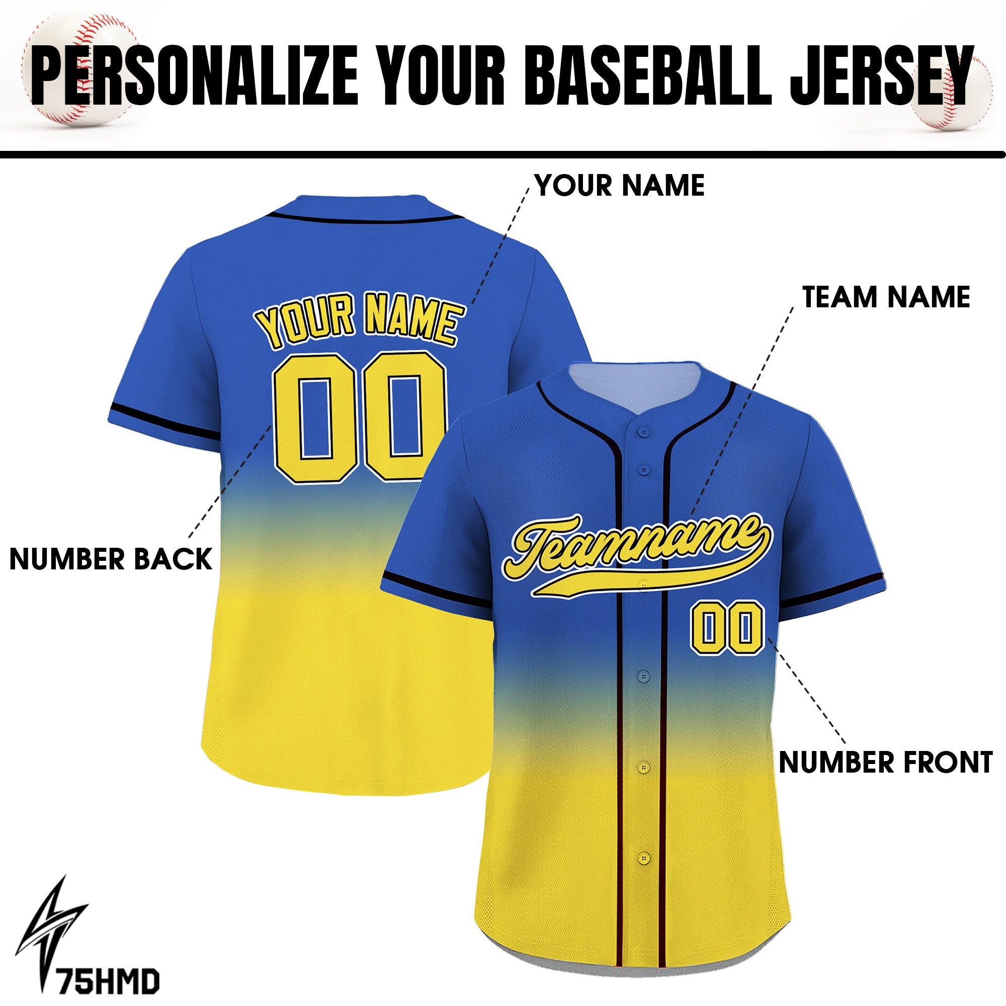 Printed Blue Yellow Gradient Custom Baseball Jersey with Teamname Name Number, Jerseys Shirt for Men Women Youth Kid, Gift for Baseball Fans