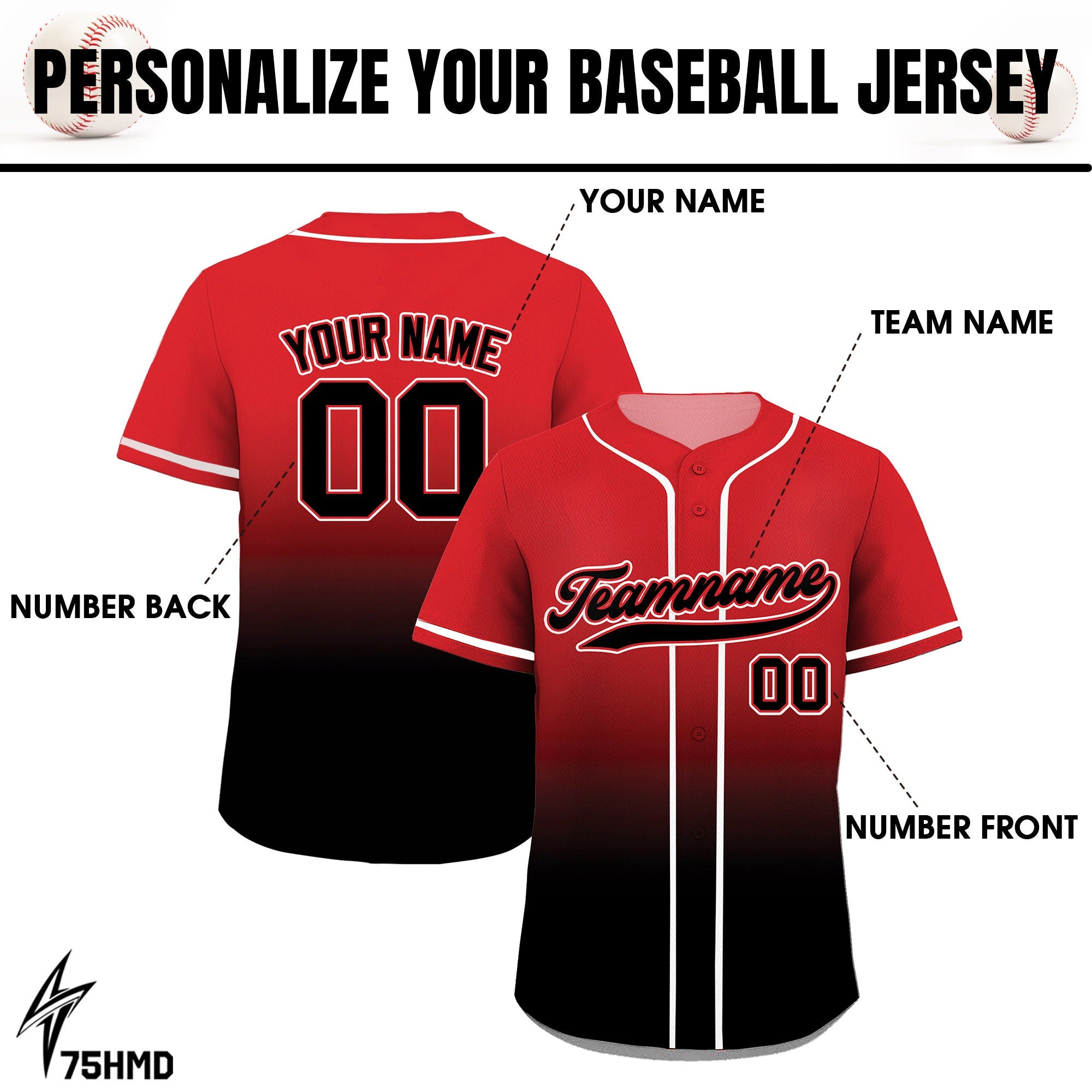 Printed Black Red Gradient Custom Baseball Jersey with Teamname Name Number, Jerseys Shirt for Men Women Youth Kid, Gifts for Baseball Fans