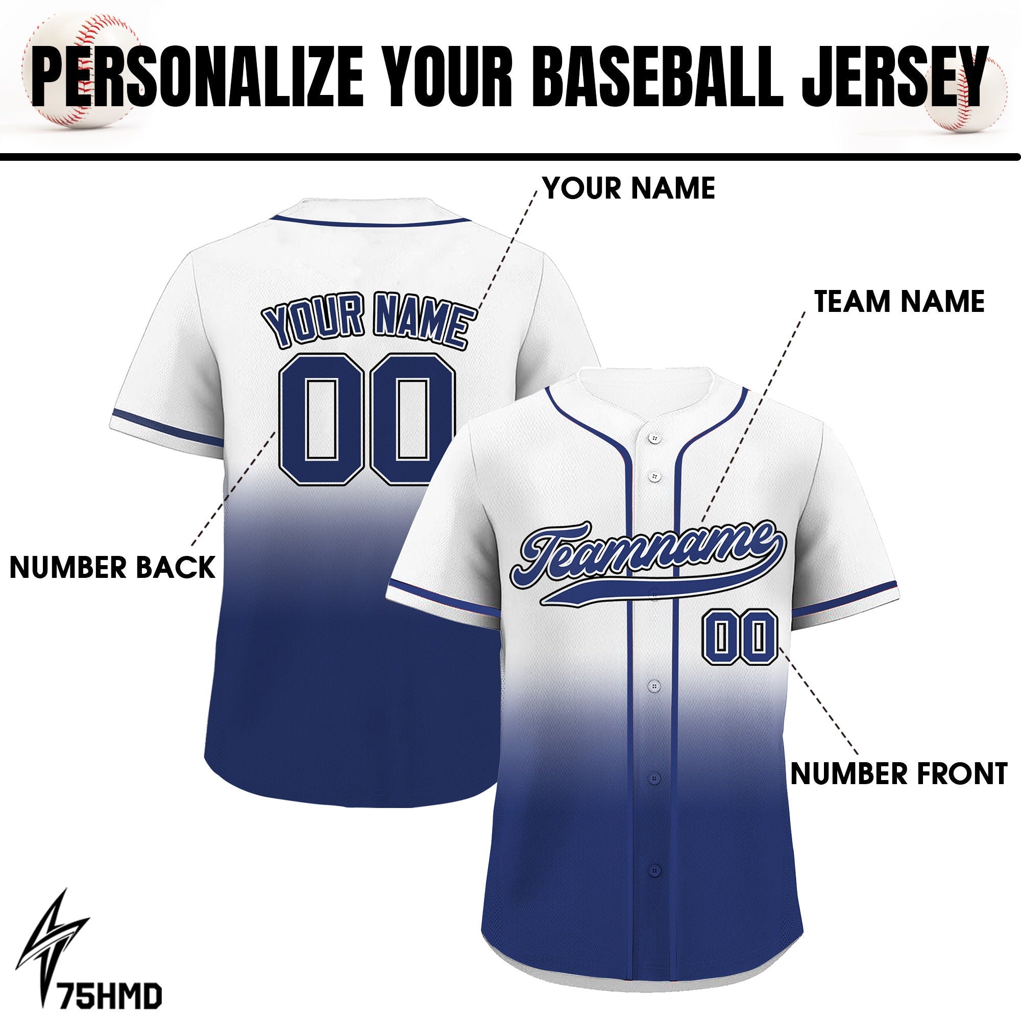 Printed Royal White Gradient Custom Baseball Jersey with Teamname Name Number, Jerseys Shirt for Men Women Youth, Gifts for Baseball Fans
