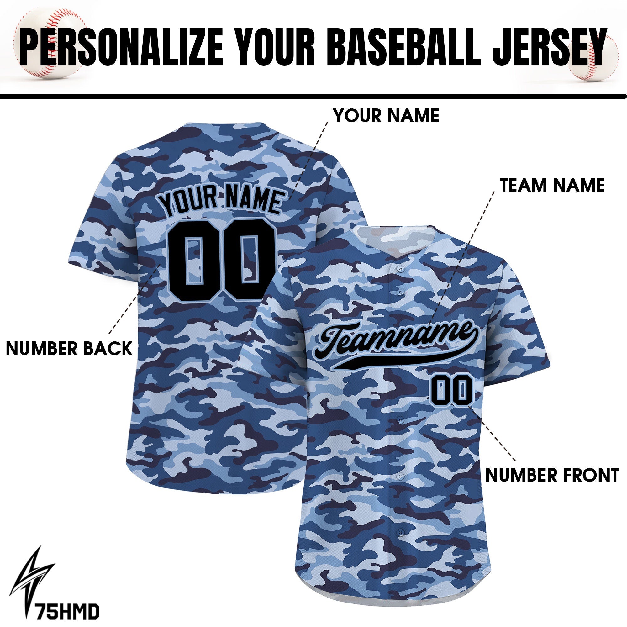 Printed Personalized Blue Camo Baseball Jersey with Teamname Name Number, Gifts for Baseball Fans, Custom Jerseys Shirt for Men Women Youth