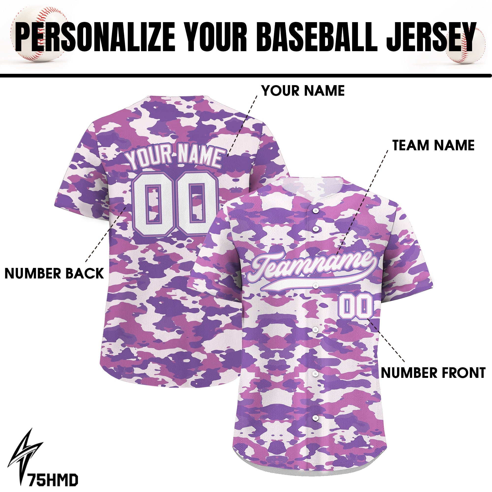 Personalized Baseball Jersey with Teamname Name Number, Gift for Baseball Fans, Custom Jersey Shirt for Men Women Youth, Purple Camo Jersey