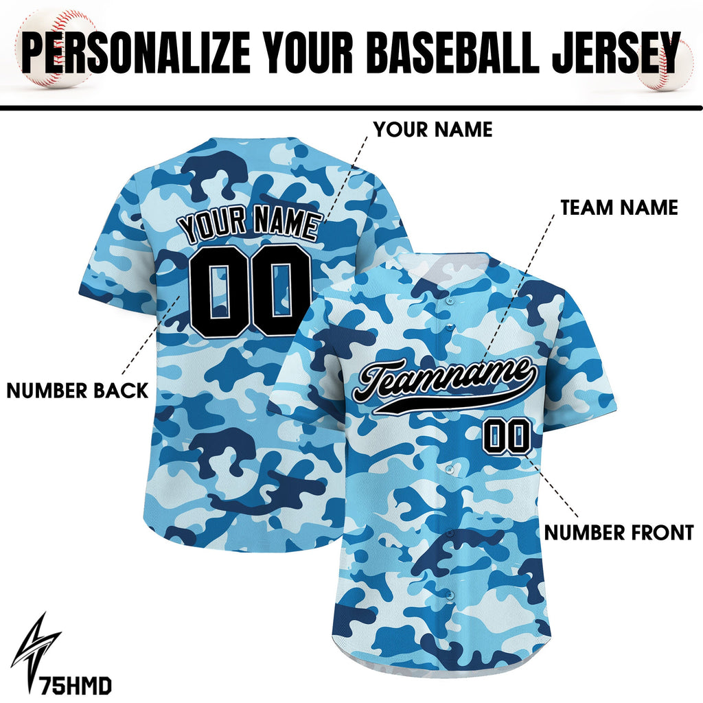 Personalized Printed Light Blue Camo Baseball Jersey with Teamname Name Number, Gifts for Baseball Fans, Jerseys Shirt for Men Women Youth