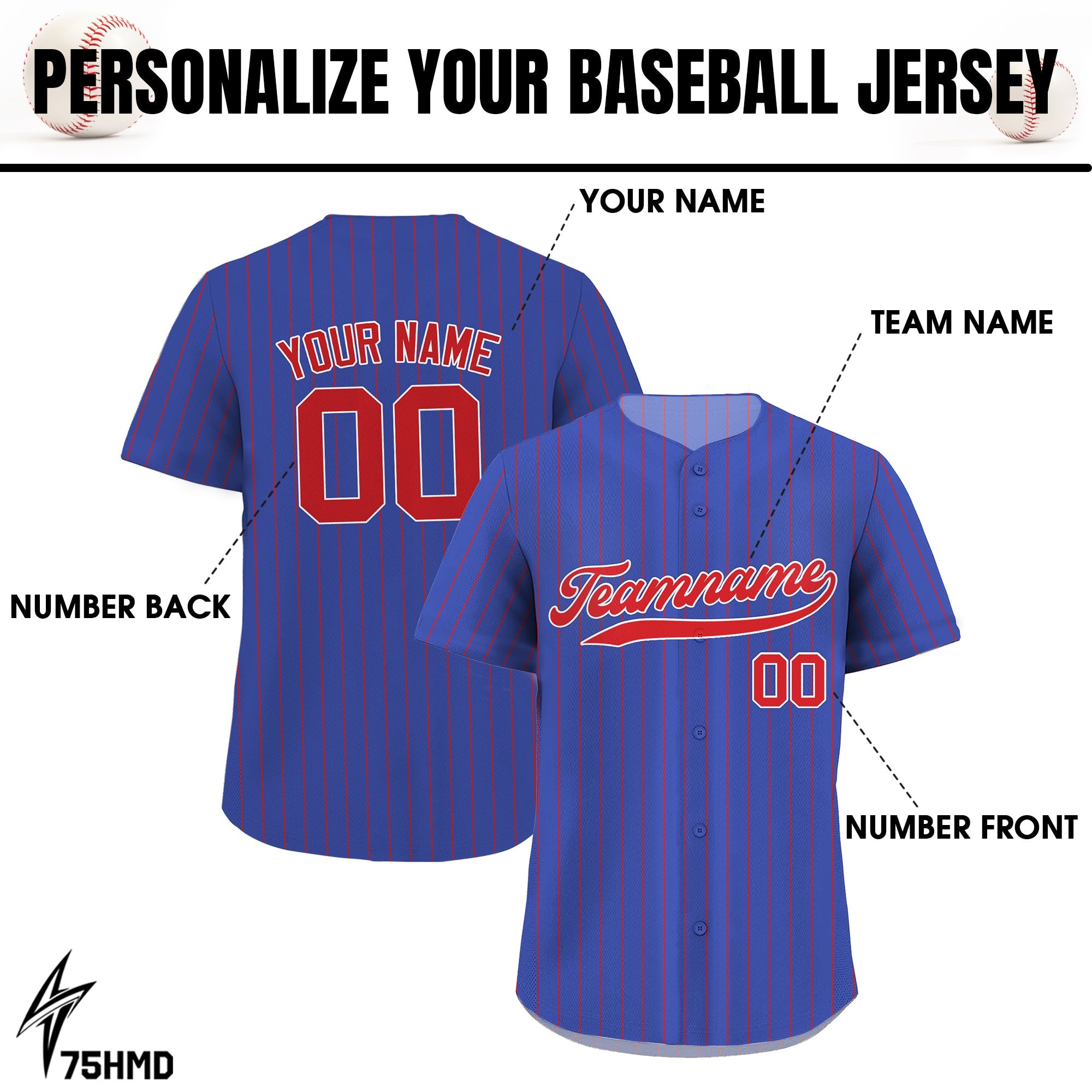 Printed Royal Blue Red Pinstripe Custom Baseball Jersey with Teamname Name Number, Jerseys Shirt for Men Women Youth, Gift for Baseball Fans