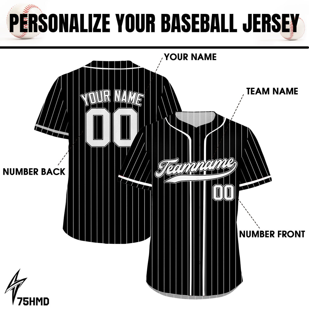 Printed Black White Pinstripe Custom Baseball Jersey with Teamname Name Number, Jersey Shirt for Men Women Youth Kid, Gift for Baseball Fan