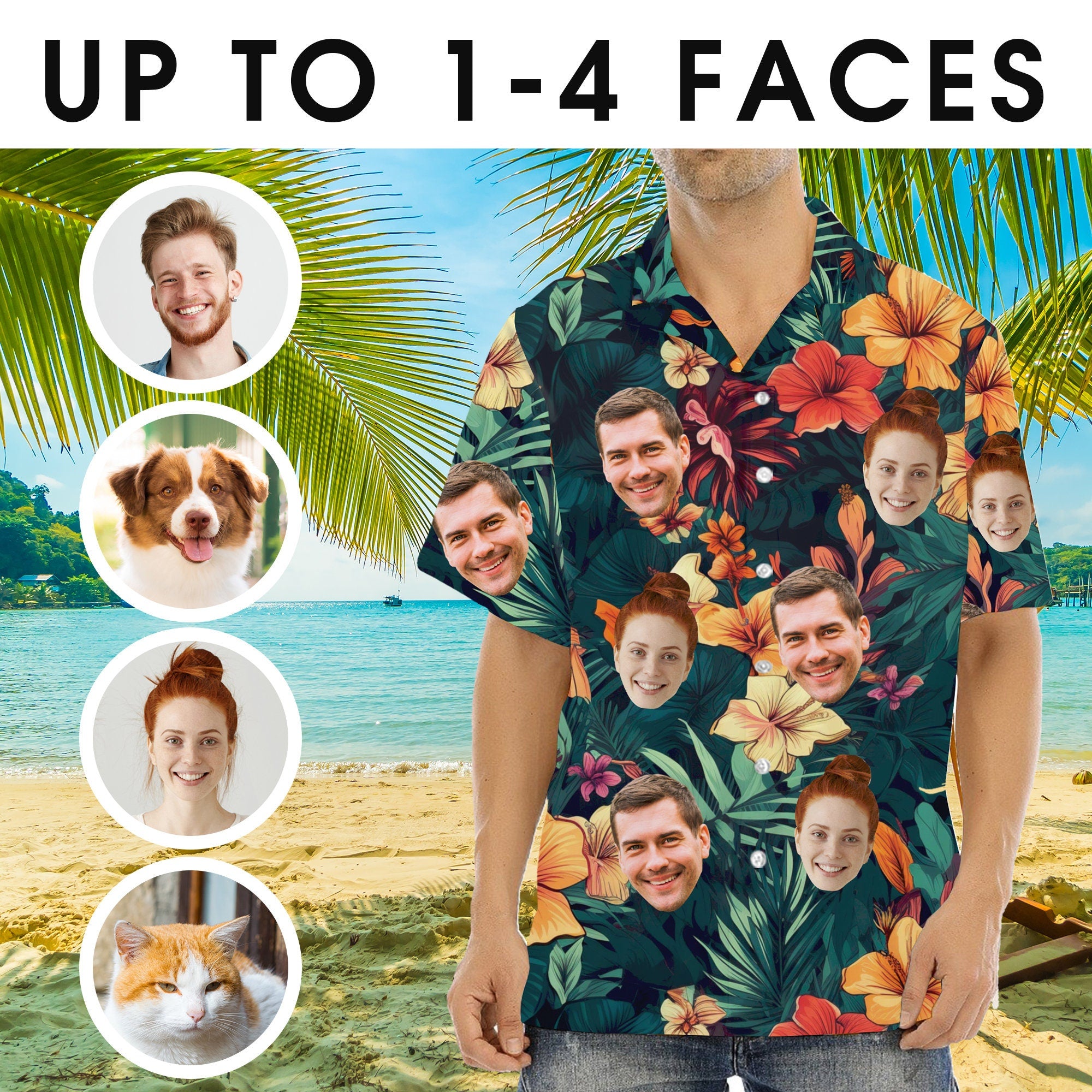 Custom Hawaiian Shirt with Face for Men Women, Hawaiian Vacation Style Shirts, Personalized Photo Pet Tropical Beach Button Down Shirts