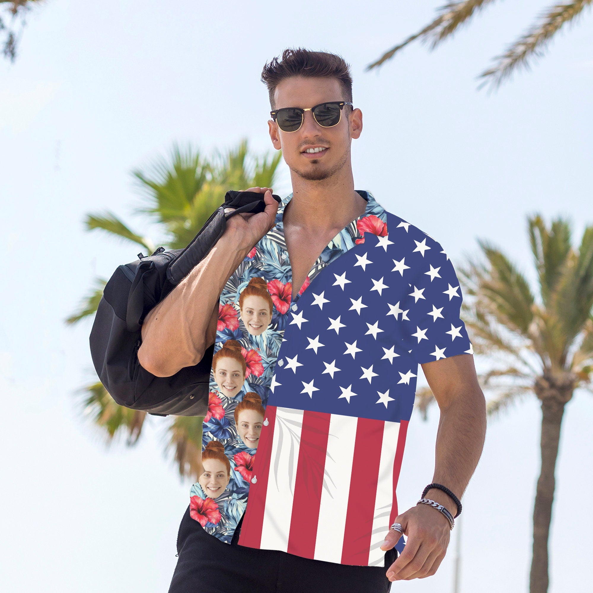 Custom Hawaiian Shirt with Face for Men/Women, Personalized Photo Pet Tropical Beach American Flag Shirts, Hawaiian Vacation Style Shirts