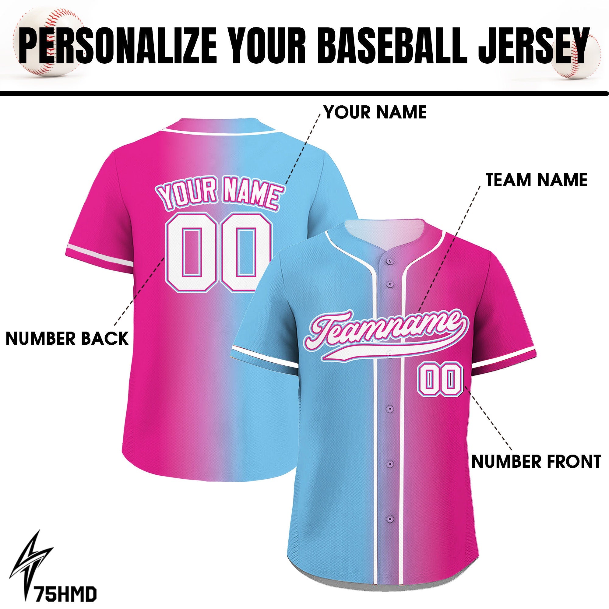 Printed Blue Pink Gradient Custom Baseball Jersey with Teamname Name Number, Jerseys Shirt for Men Women Youth Kid, Gifts for Baseball Fans