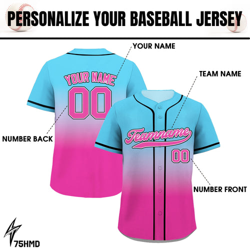 Custom Baseball Jersey with Teamname Name Number, Printed Pink Blue Gradient Jerseys Shirt for Men Women Youth Kid, Gifts for Baseball Fans