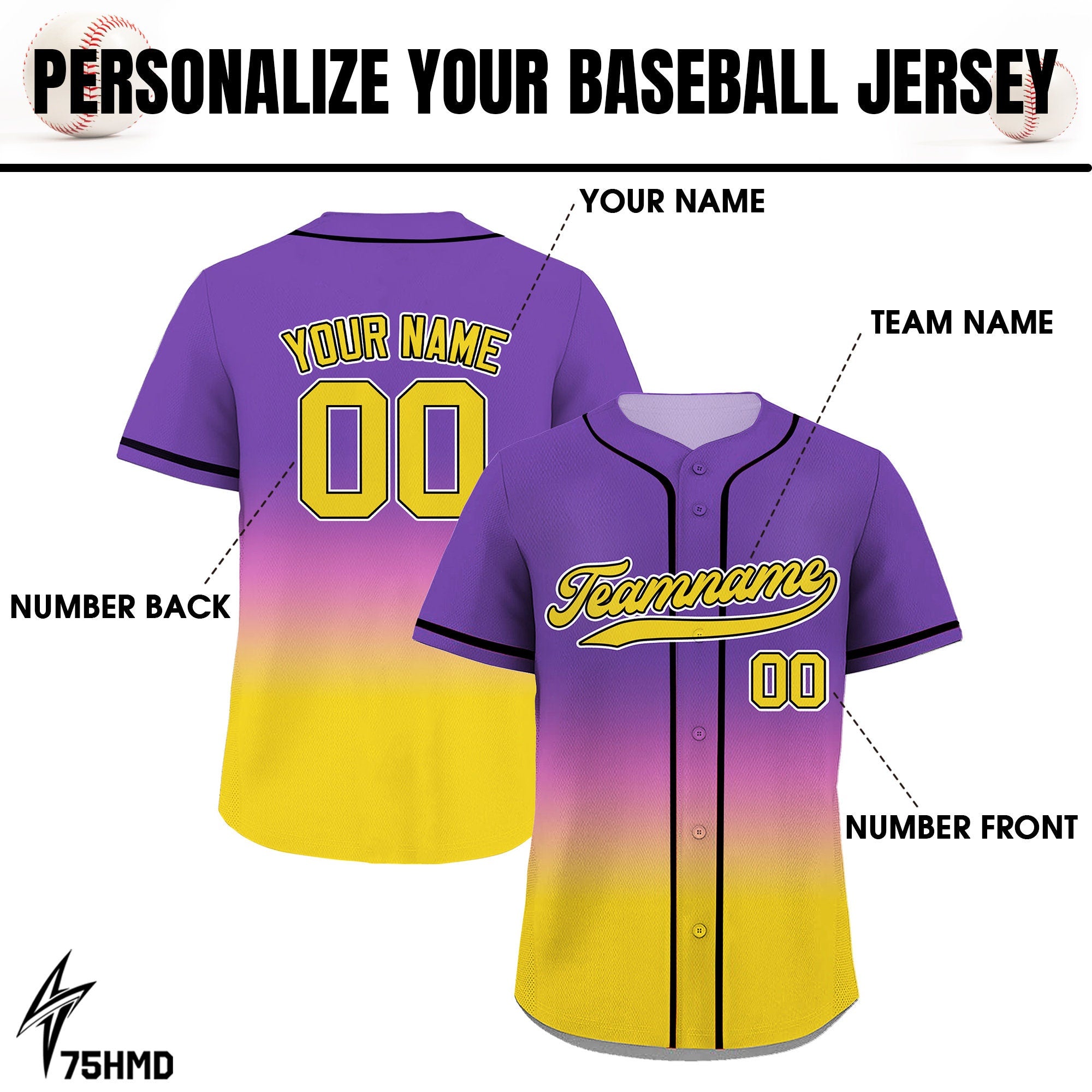 Custom Gradient Baseball Jersey with Team Name Number, Custom Jersey Shirt for Men Women Youth Kid, Gift for Baseball Fan Gift Purple Yellow