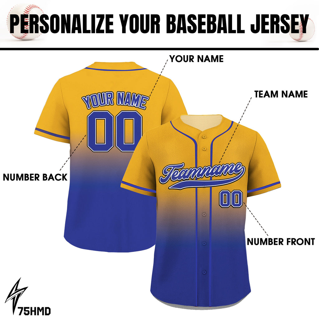 Yellow Royal Blue Baseball Jersey Custom Teamname Name Number, Gradient Jerseys Shirt for Men Women Youth Kid, Gifts for Baseball Lovers
