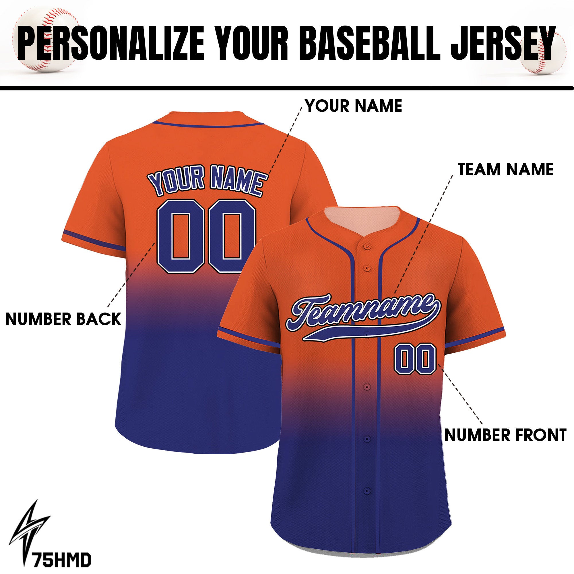 Gradient Custom Baseball Jersey with Teamname Name Number, Jerseys Shirt for Men Women Youth Kid Printed Navy Orange, Gift for Baseball Fans