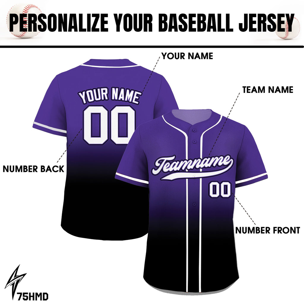 Gradient Custom Baseball Jersey with Teamname Name Number, Jerseys Shirt for Men Women Youth, Gifts for Baseball Fans Printed Black Purple