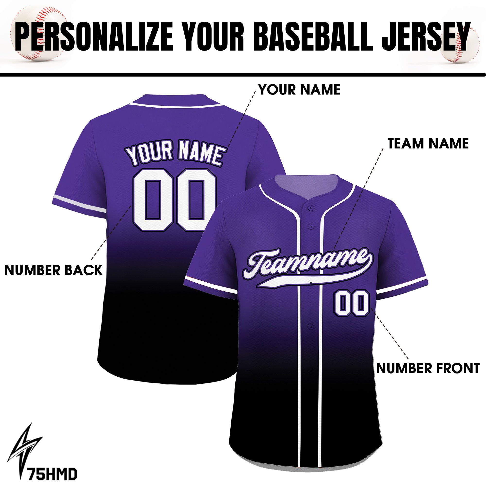 Gradient Custom Baseball Jersey with Teamname Name Number, Jerseys Shirt for Men Women Youth, Gifts for Baseball Fans Printed Black Purple