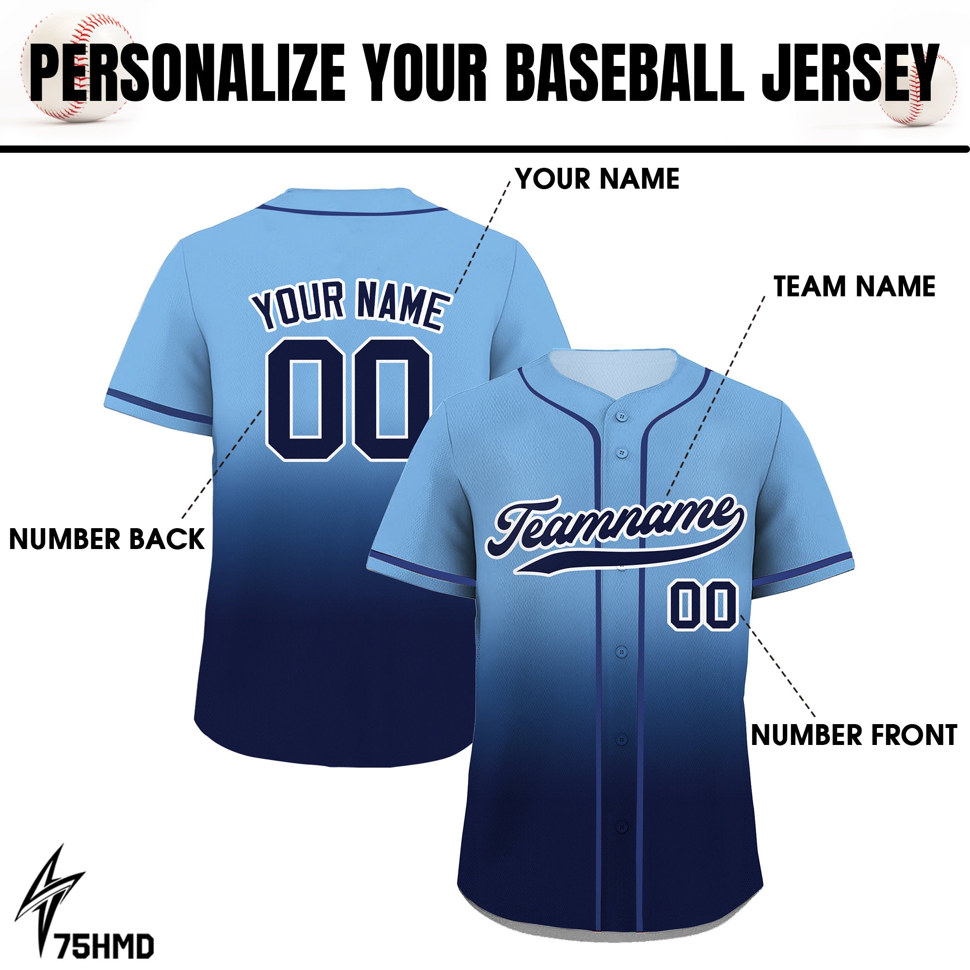 Personalized Gradient Custom Baseball Jersey with Teamname Name Number, Blue Navy Jerseys Shirt for Men Women Youth, Gifts for Baseball Fans