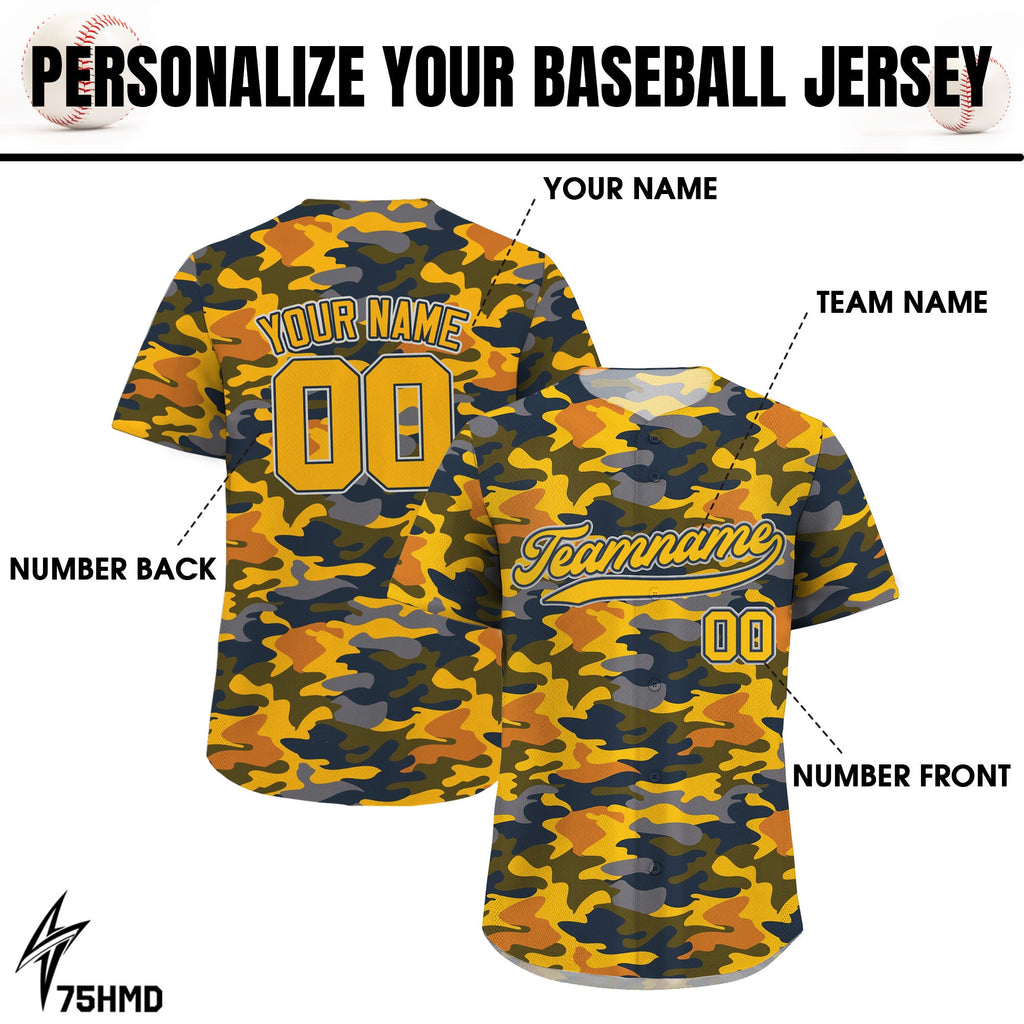 Printed Personalized Yellow Camo Baseball Jersey with Teamname Name Number, Gift for Baseball Fans, Custom Jerseys Shirt for Men Women Youth