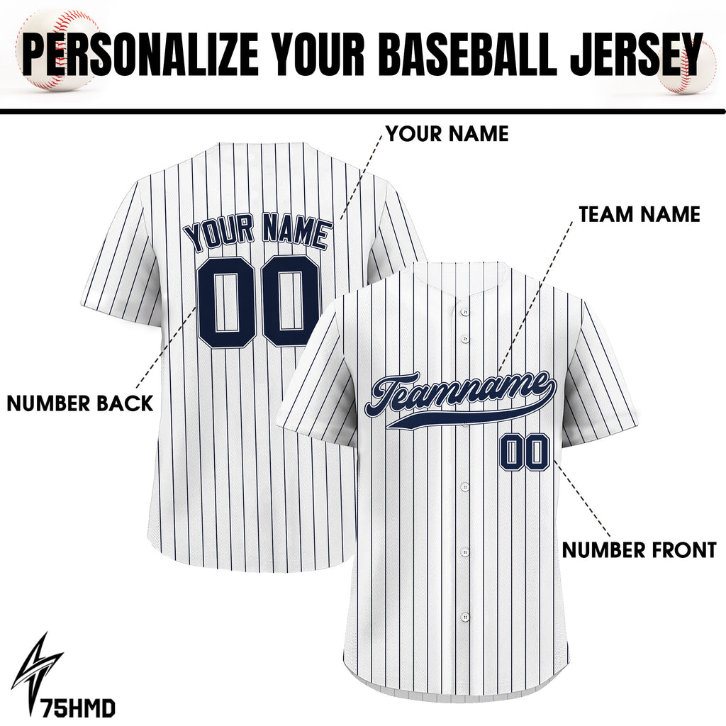 Pinstripe Custom Baseball Jersey with Teamname Name Number, Jerseys Shirt for Men Women Youth Kid, Gift for Baseball Fans Printed White Navy