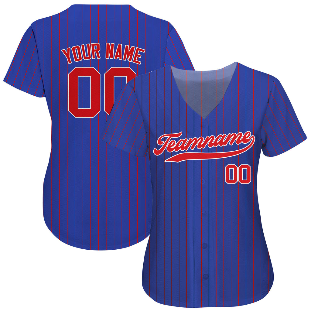 Printed Royal Blue Red Pinstripe Custom Baseball Jersey with Teamname Name Number, Jerseys Shirt for Men Women Youth, Gift for Baseball Fans