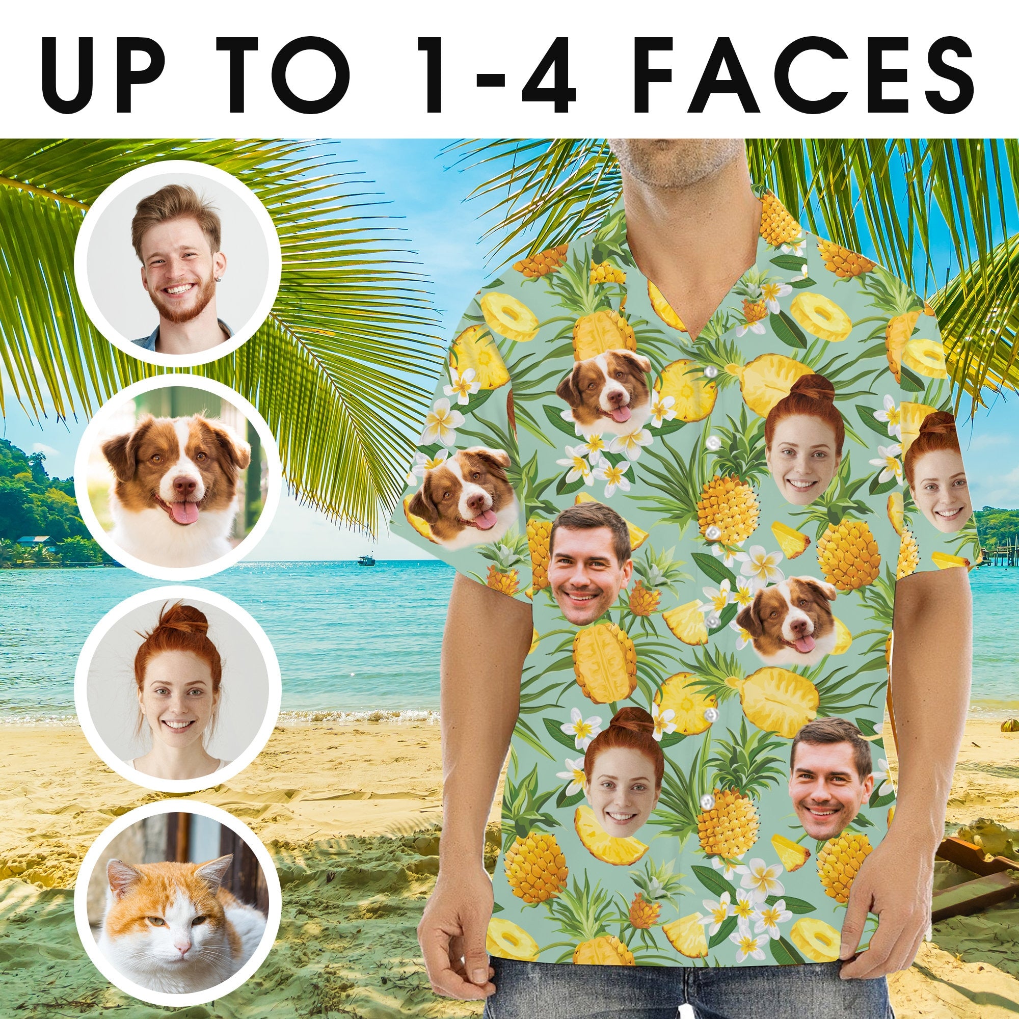 Custom Hawaiian Shirt with Face for Men/Women, Hawaiian Vacation Party Shirts, Personalized Photo Pet Tropical Beach Button Down Shirts