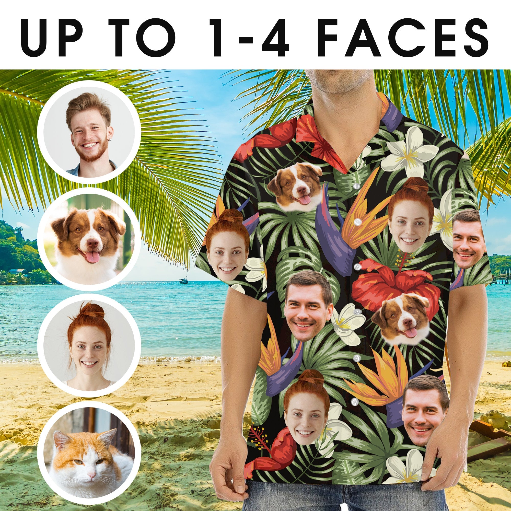 Custom Hawaiian Shirt with Face for Men/Women, Hawaiian Vacation Style Shirts, Personalized Photo Pet Tropical Beach Button Down Shirts