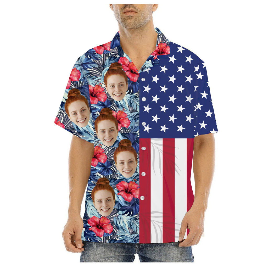 Custom Hawaiian Shirt with Face for Men/Women, Personalized Photo Pet Tropical Beach American Flag Shirts, Hawaiian Vacation Style Shirts
