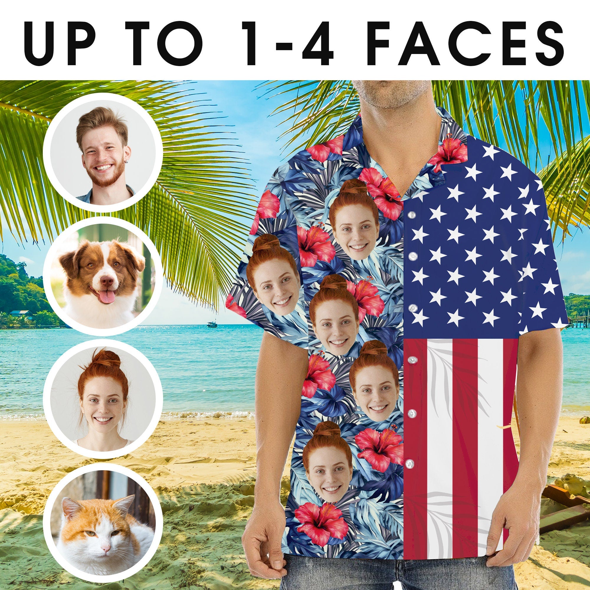 Custom Hawaiian Shirt with Face for Men/Women, Personalized Photo Pet Tropical Beach American Flag Shirts, Hawaiian Vacation Style Shirts
