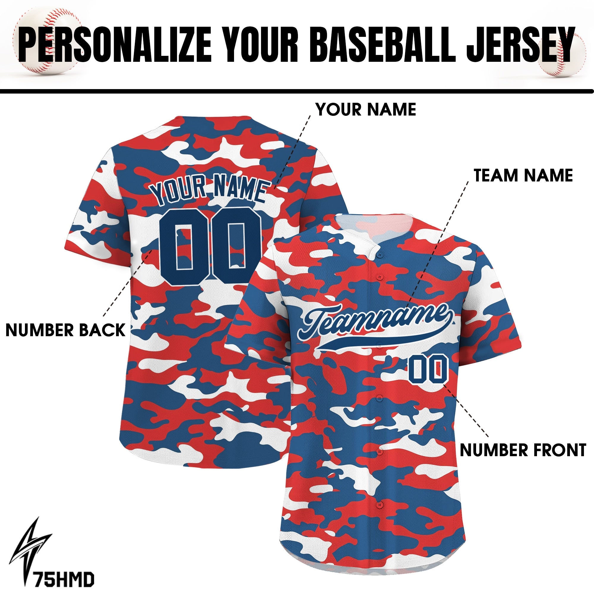 Personalized Camo Baseball Jersey with Teamname Name Number, Gifts for Baseball Fans, Jerseys Shirt for Men Women Youth Kid Printed Navy Red