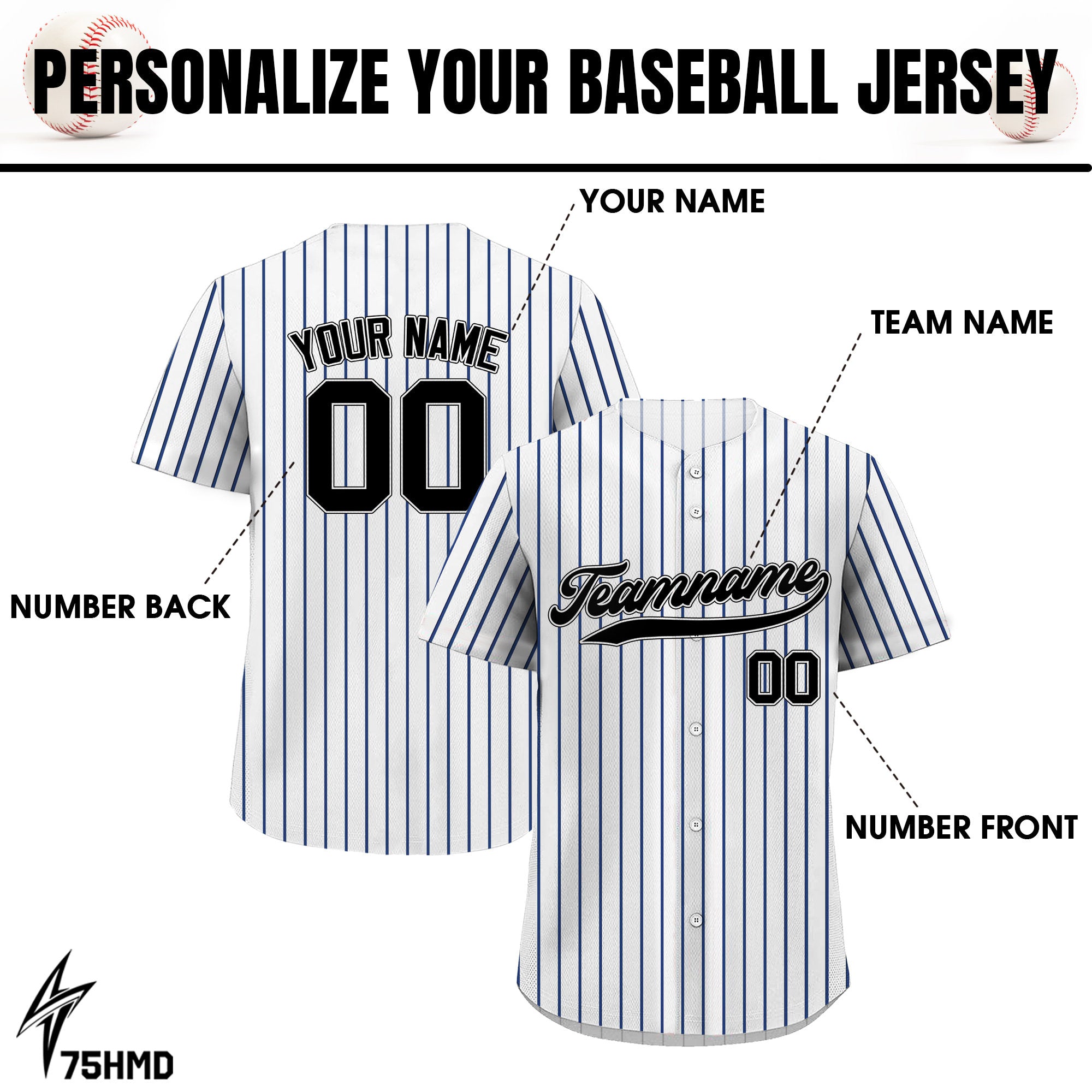 Pinstripe Custom Baseball Jersey with Teamname Name Number, Jerseys Shirt for Men Women Youth Kid, Gift for Fans Printed White Black Navy