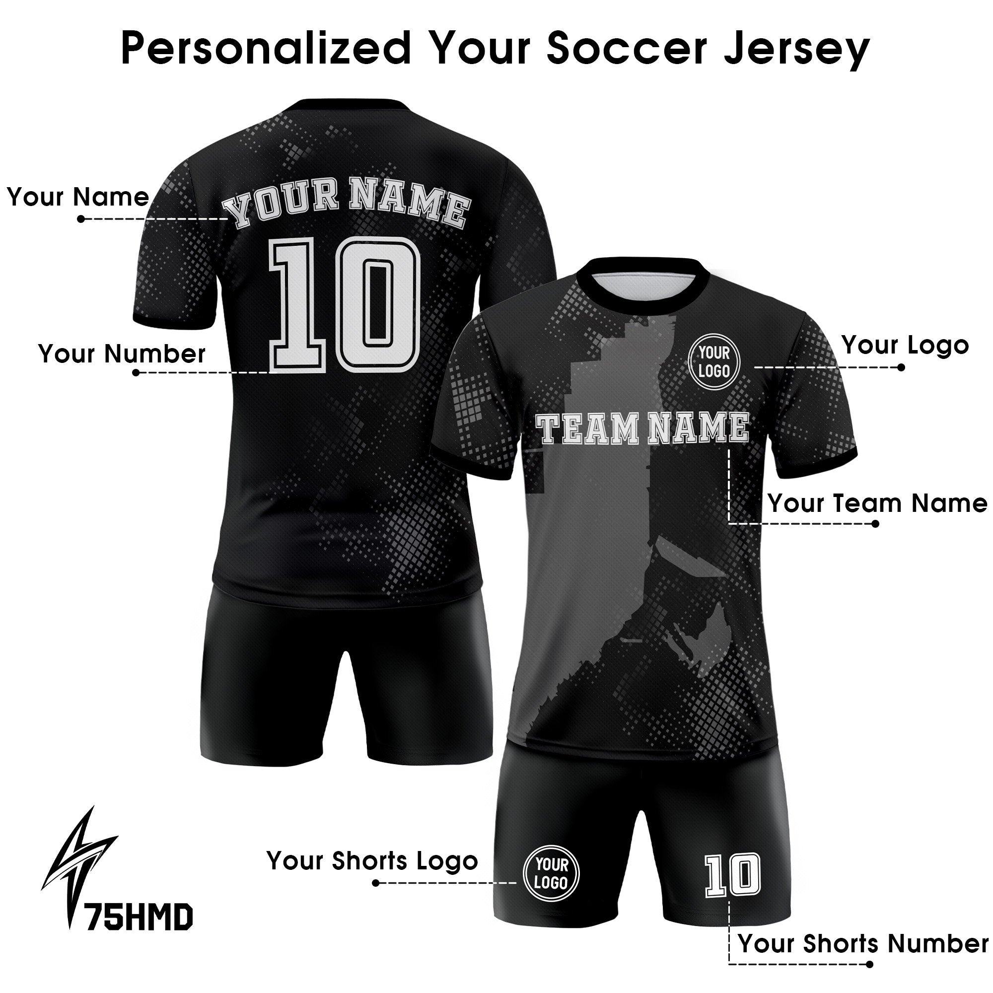 Custom Soccer Jersey for Men Women Youth with Personalized Team Name Logo Number, Black Soccer Jersey Shirt, Polyester Soccer Jersey Shirt