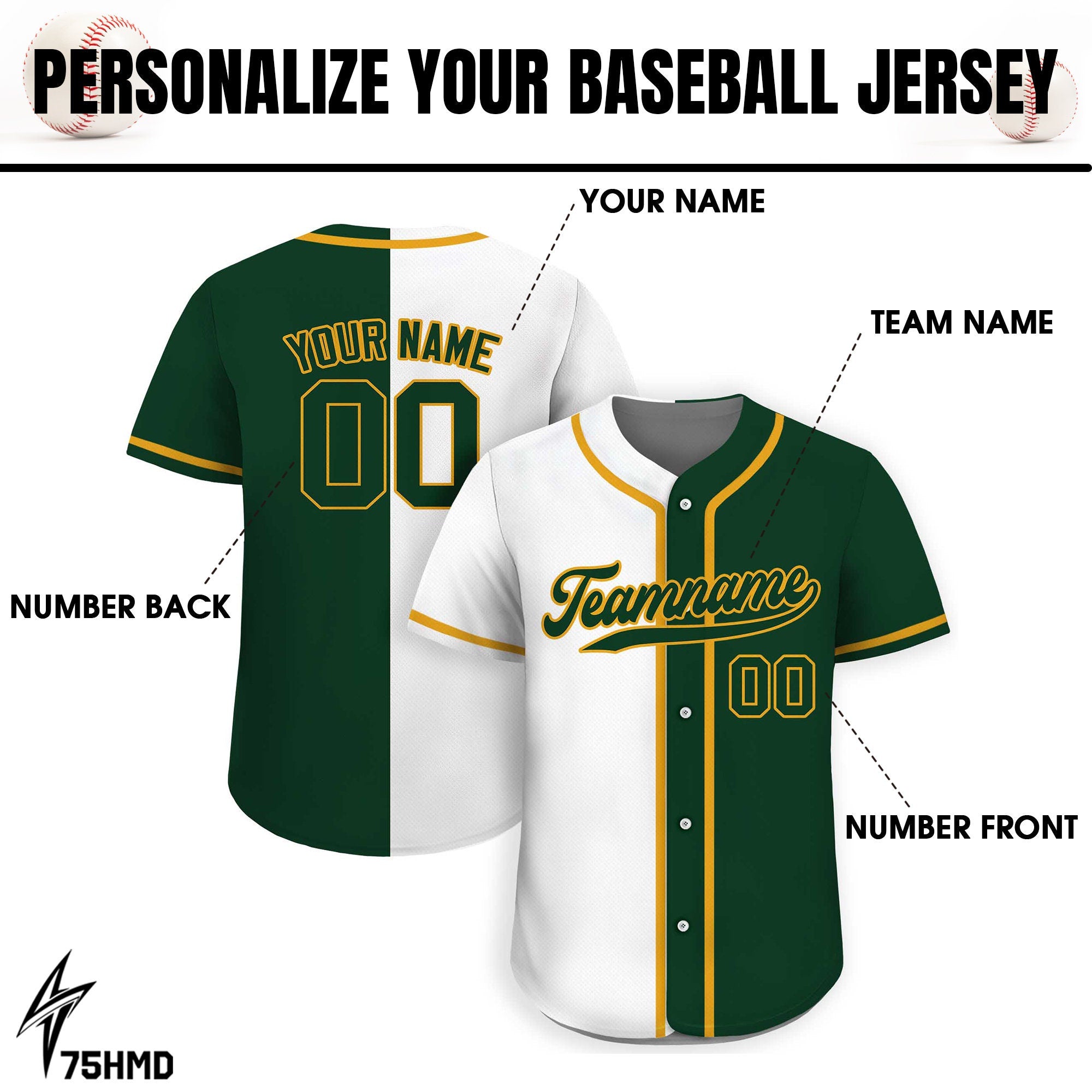 Custom Baseball Jersey with Teamname Name Number,Jersey for Men Women Youth,Personalized Split Button Down Jersey Printed White Forest Green