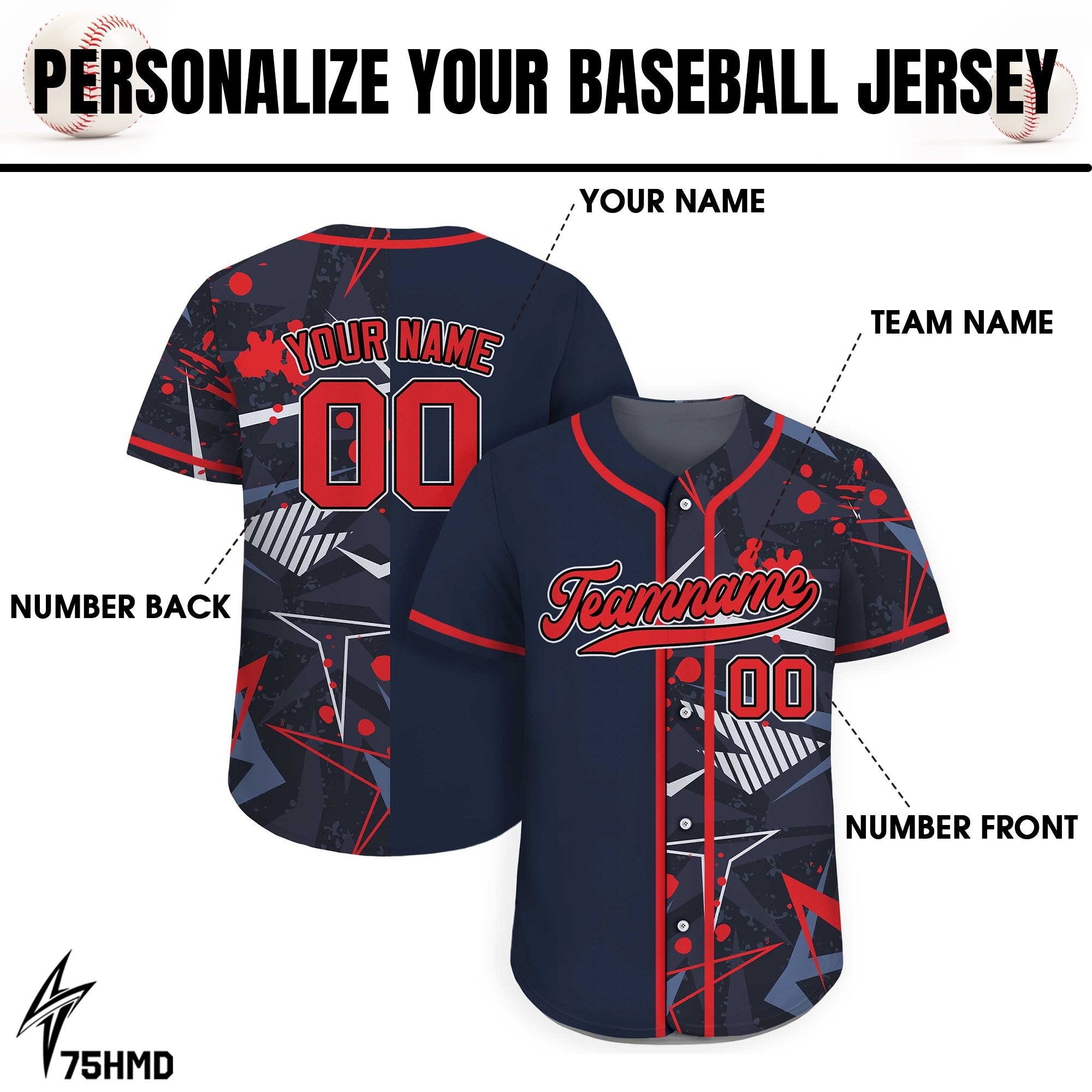 Custom Baseball Jersey with Teamname Name Number,Jersey for Men Women Youth,Printed Navy Red Graffiti,Personalized Split Button Down Jerseys