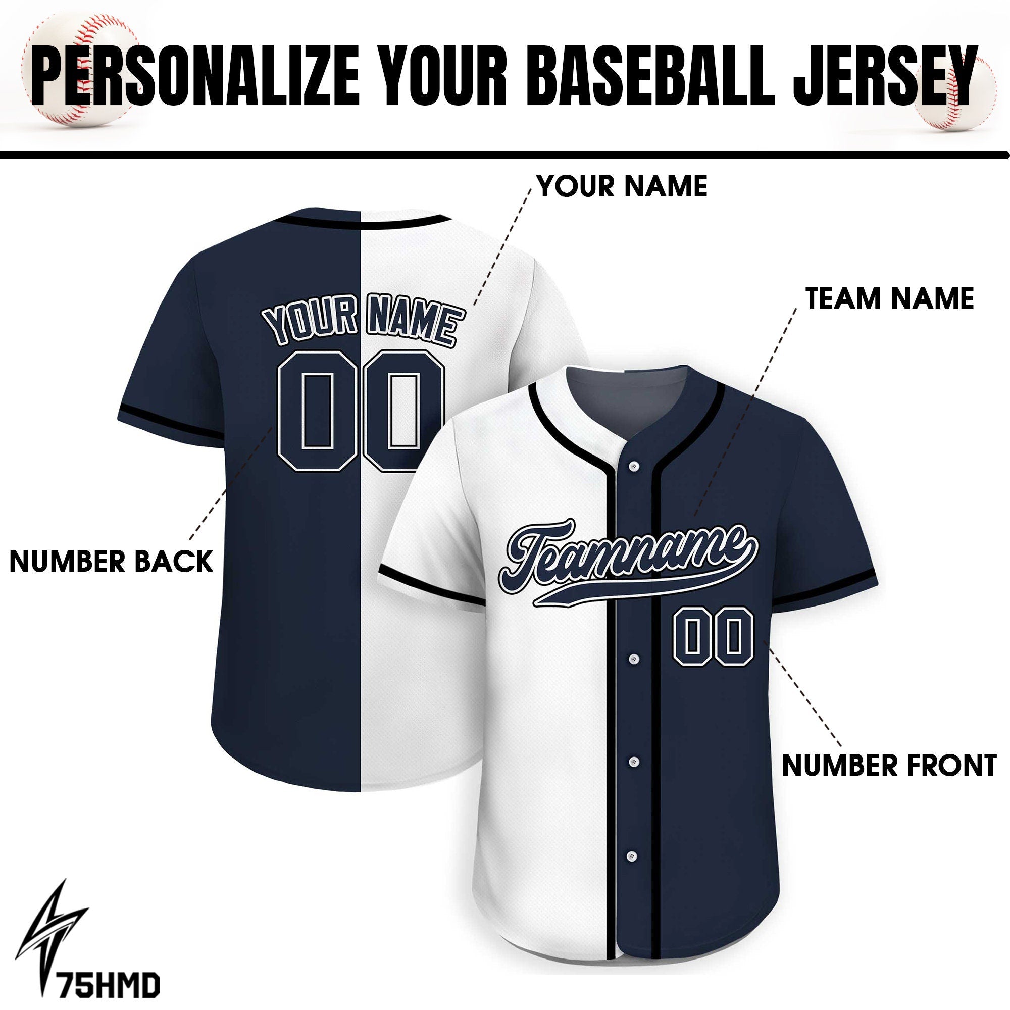 Printed Navy White Custom Baseball Jersey with Teamname Name Number, Jersey Shirt for Men Women Youth,Personalized Split Button Down Jerseys