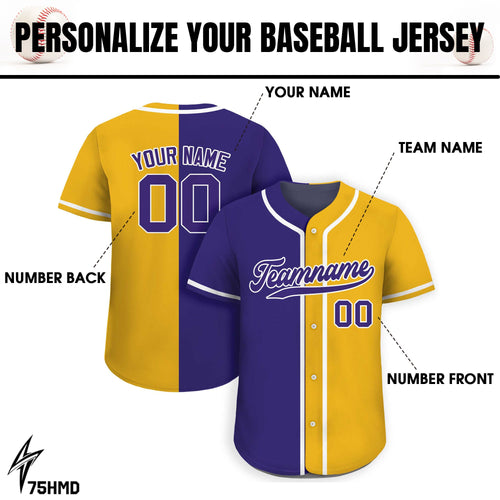 Custom Baseball Jersey with Teamname Name Number, Custom Jersey for Men Women Youth Kid, Personalized Split Button Down Jersey Yellow Purple