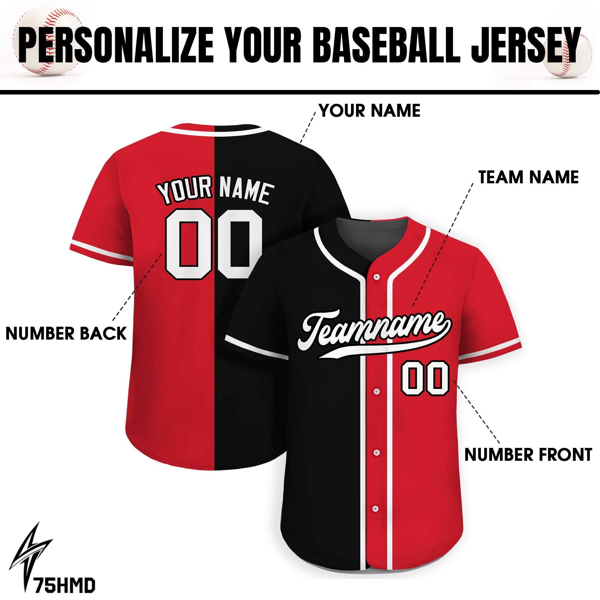 Custom Baseball Jersey with Teamname Name Number, Jersey Shirt for Men Women Youth, Personalized Split Button Down Jerseys Printed Red Black