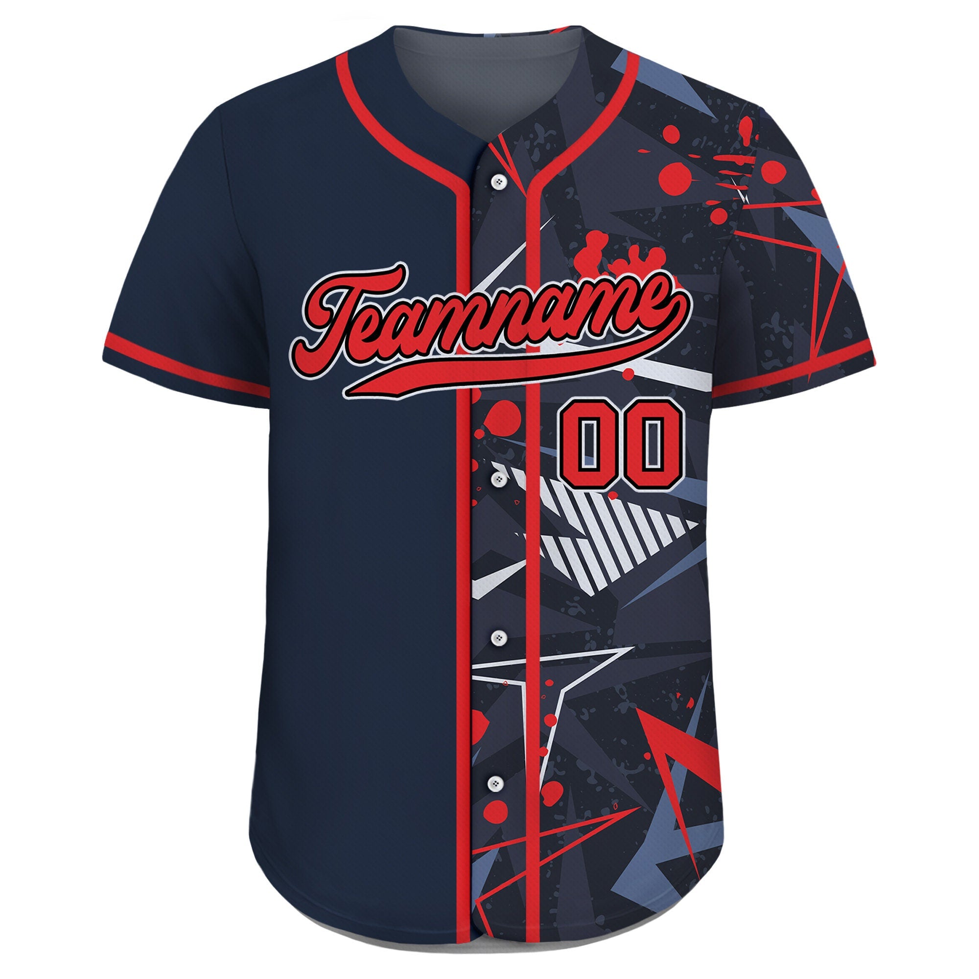 Custom Baseball Jersey with Teamname Name Number,Jersey for Men Women Youth,Printed Navy Red Graffiti,Personalized Split Button Down Jerseys