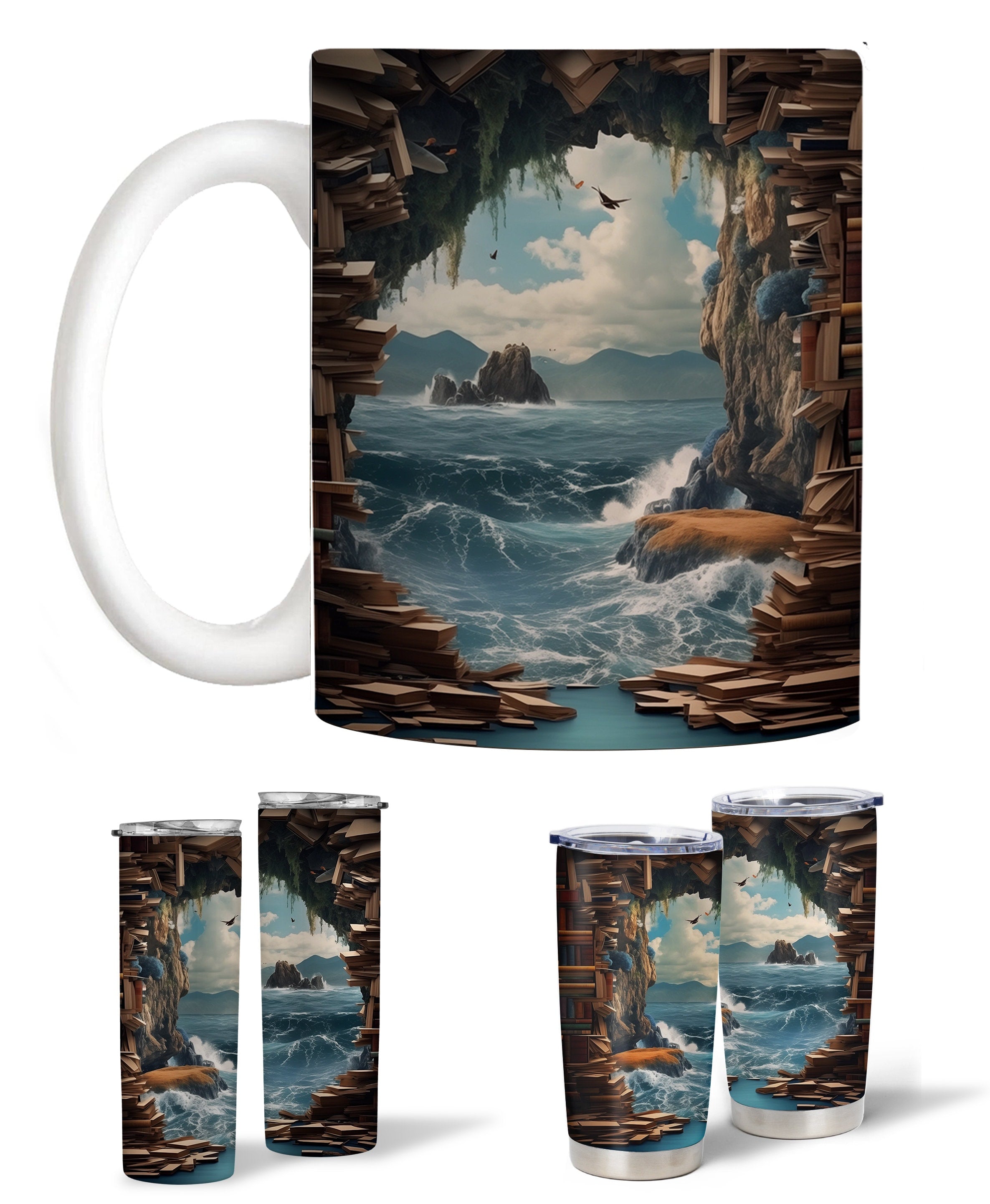 3D Bookshelf Mug, 3D Bookshelves Hole In A Wall Mug, Book Lovers Coffee Mug, Book Lover Tumbler Skinny,Gifts for Librarians, Readers Bookish