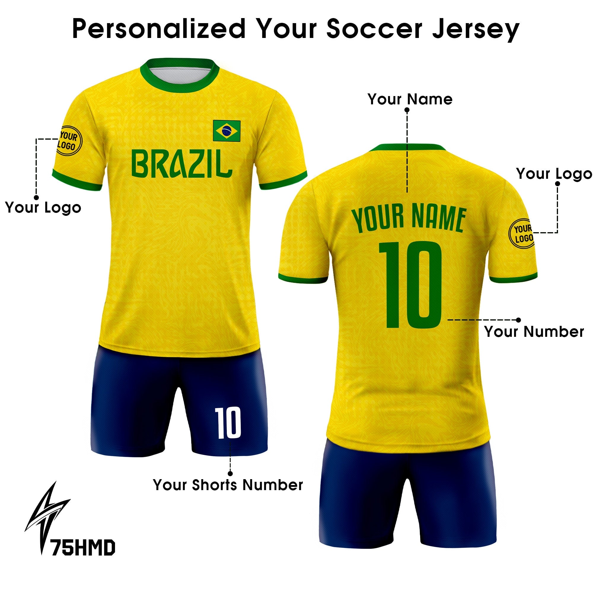 Custom Brazil Soccer Jersey for Men Women Youth Kid Uniform Shirt for Fans Player Personalized Name Number Logo National Soccer Jersey Shirt