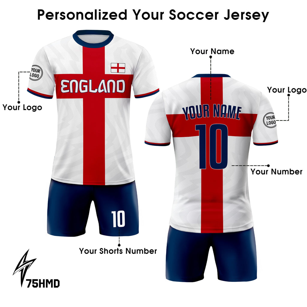Custom England Soccer Jersey for Men Women Youth Kid Uniform Shirt for Fans Player Personalized Name Number Logo National Soccer Jersey