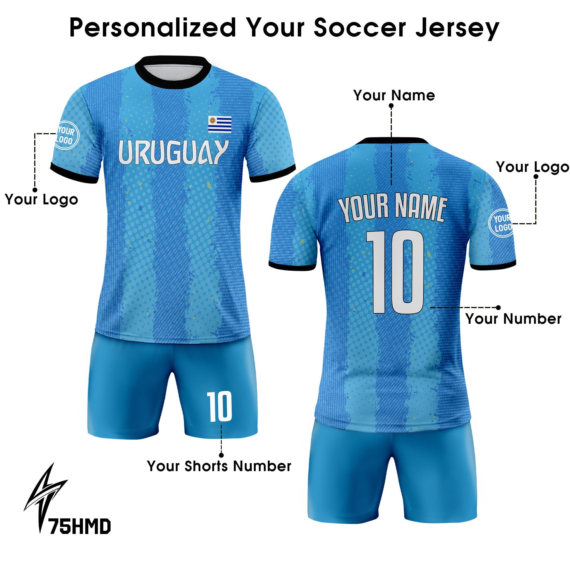 Custom Uruguay Soccer Jersey for Men Women Youth Kid Uniform Shirt for Fans Player Personalized Name Number Logo National Soccer Jersey