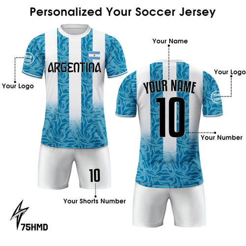 Custom Argentina Soccer Jersey for Men Women Youth Kid Uniform Shirt for Fans Player Personalized Name Number Logo National Soccer Jersey