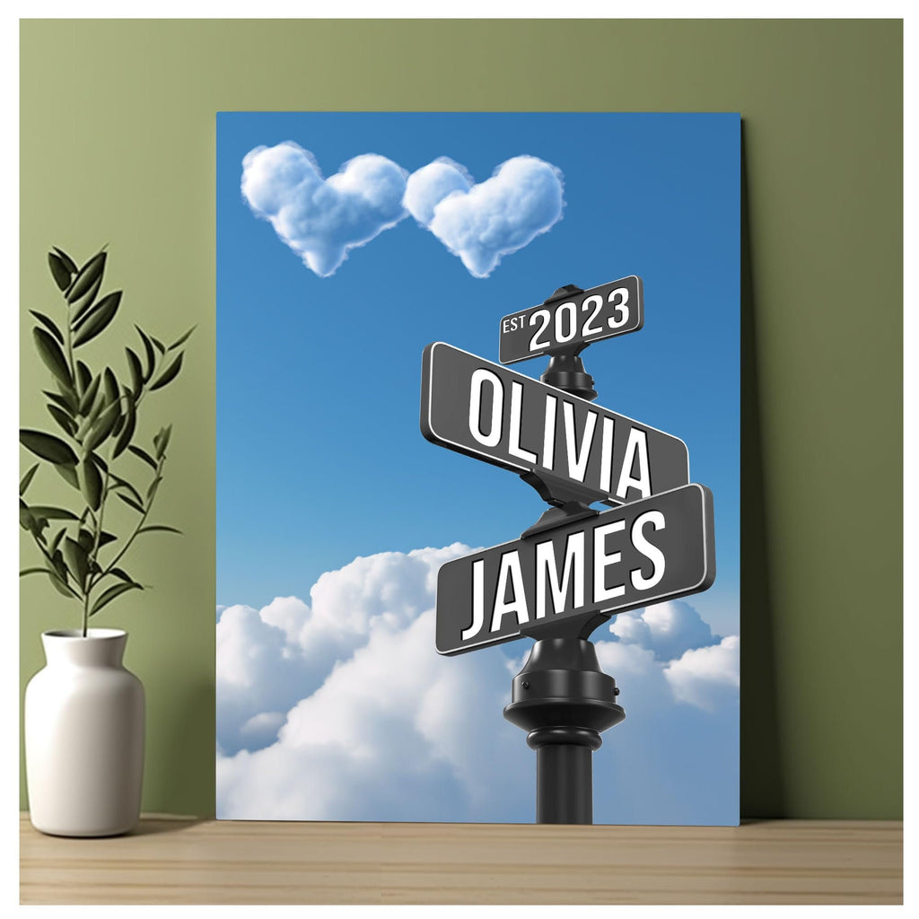Custom Name and Date Vintage Street Sign Canvas Print And Poster Print, Personalized Name Intersection Sign Wall Art Gift For Couples
