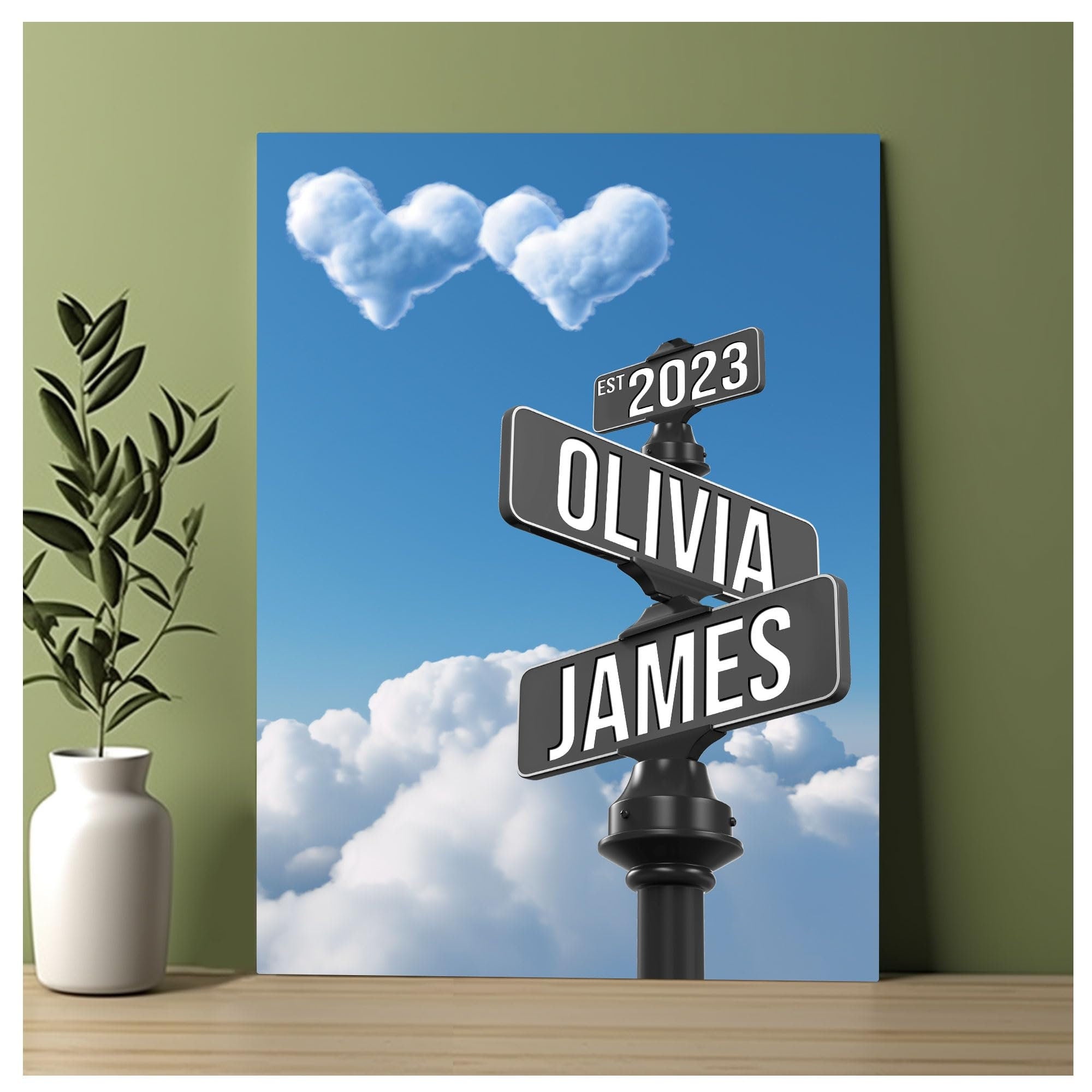 Custom Name and Date Vintage Street Sign Canvas Print And Poster Print, Personalized Name Intersection Sign Wall Art Gift For Couples