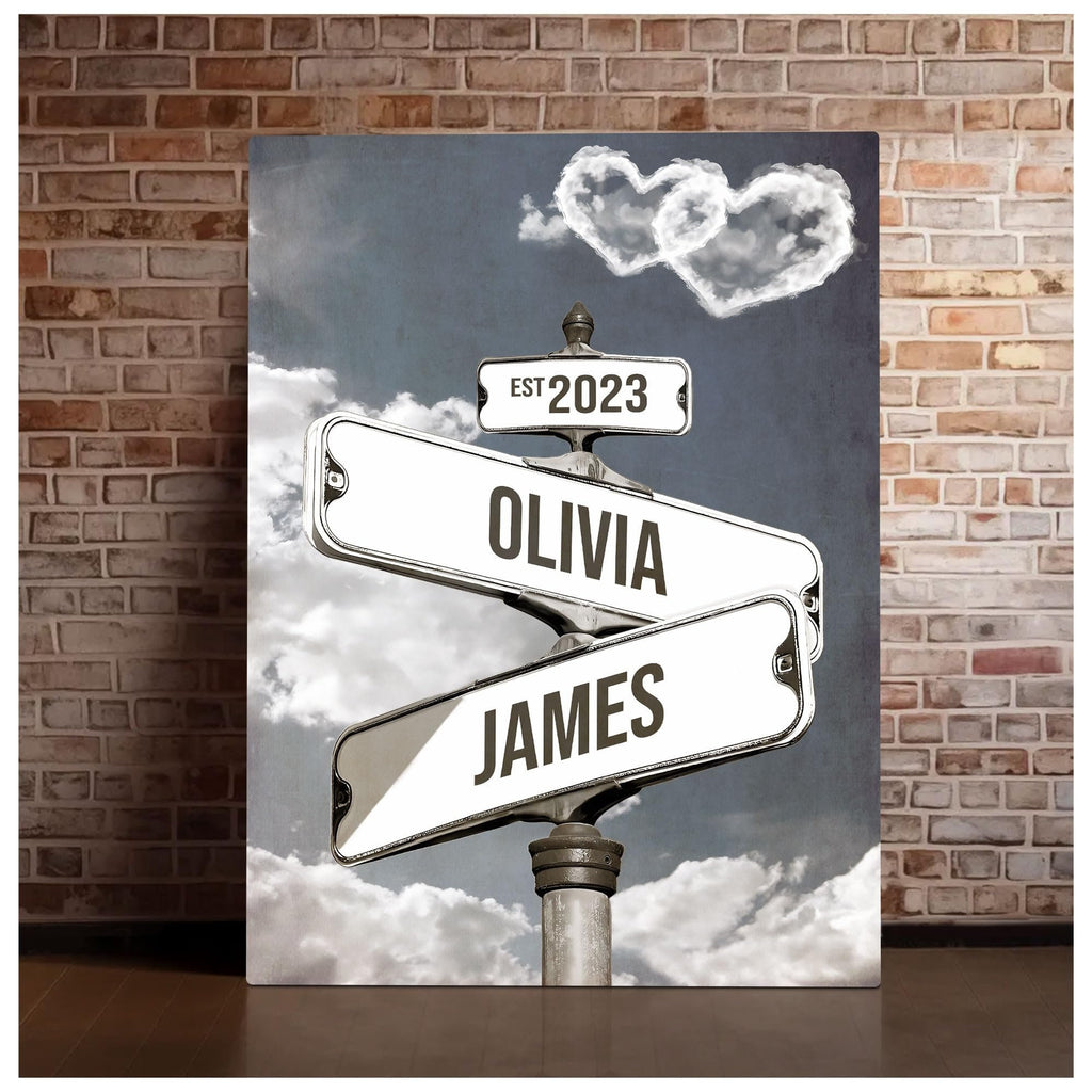 Personalized Name Vintage Street Sign Canvas, Custom Name Date Crossroads Street Sign Wedding Wall Art Ideal Gift For Couples Anniversary