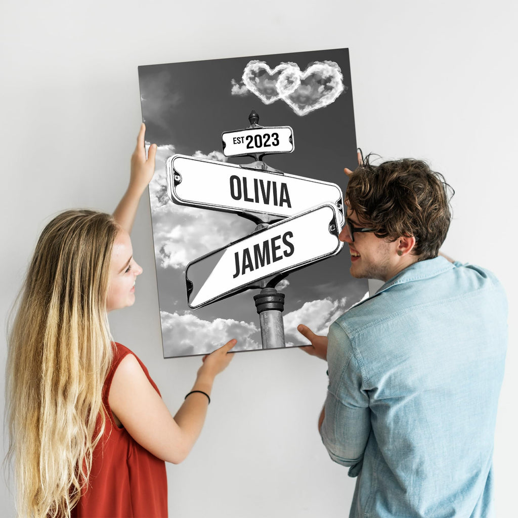 Personalized Canvas Vintage Street Sign For Couples, Custom Name And Date Street Sign Canvas Print, Crossroads Street Sign Gift For Couples