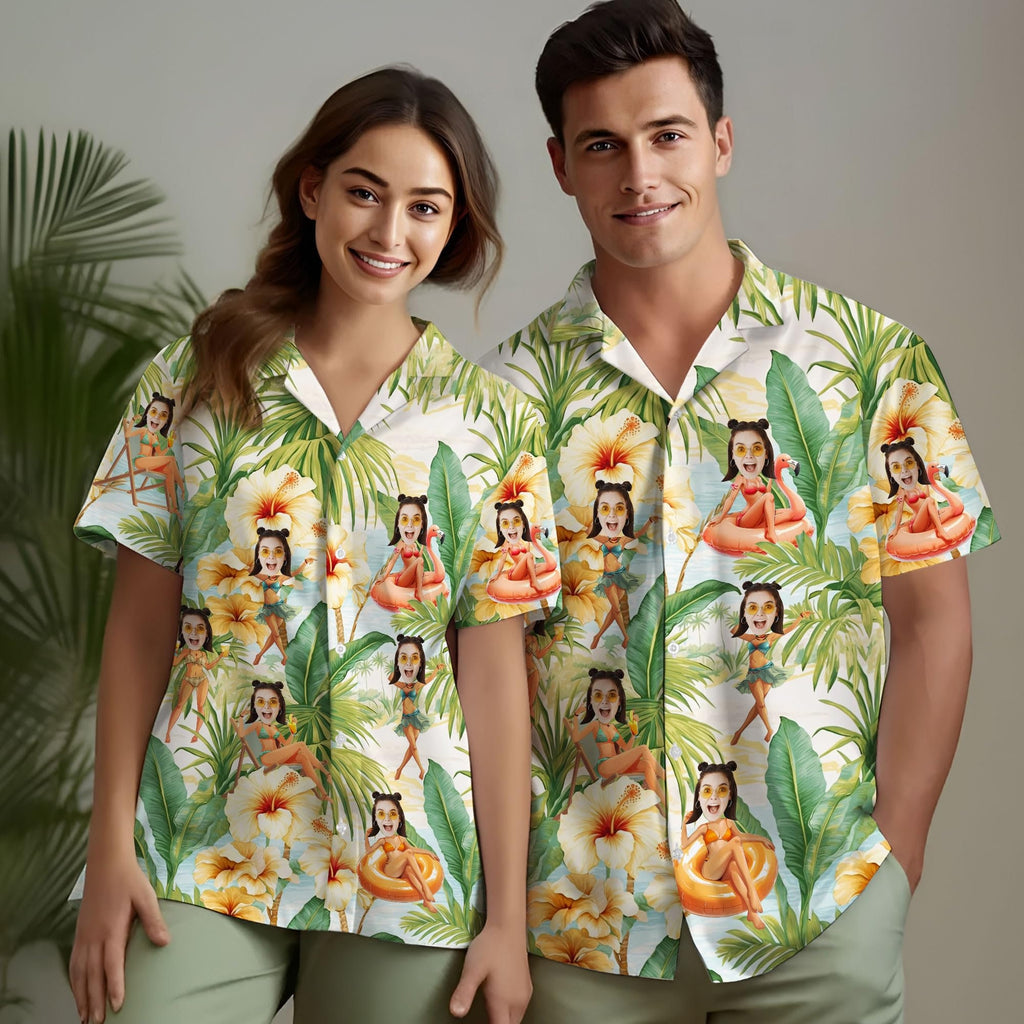 Custom Hawaiian Shirt with Face for Men Women, Personalized Hawaiian Gifts for Girlfriend Boyfriend Couple, Tropical Beach Button Down Shirt