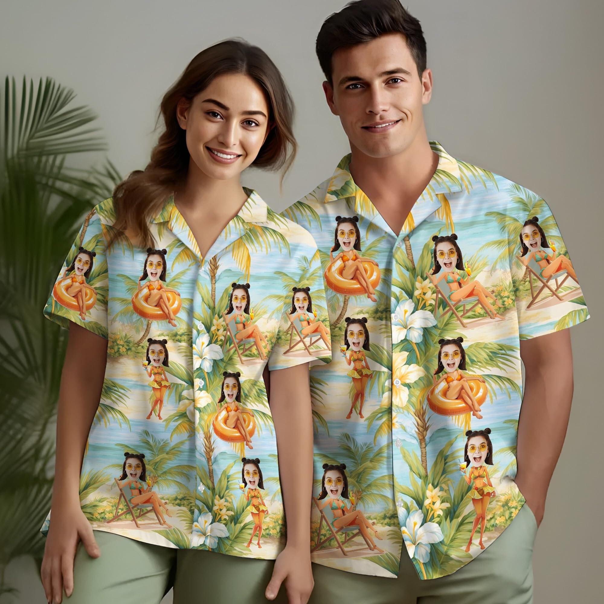 Custom Hawaiian Shirt with Face for Men Women, Personalized Hawaiian Gifts for Girlfriend Boyfriend Couple, Tropical Beach Button Down Shirt
