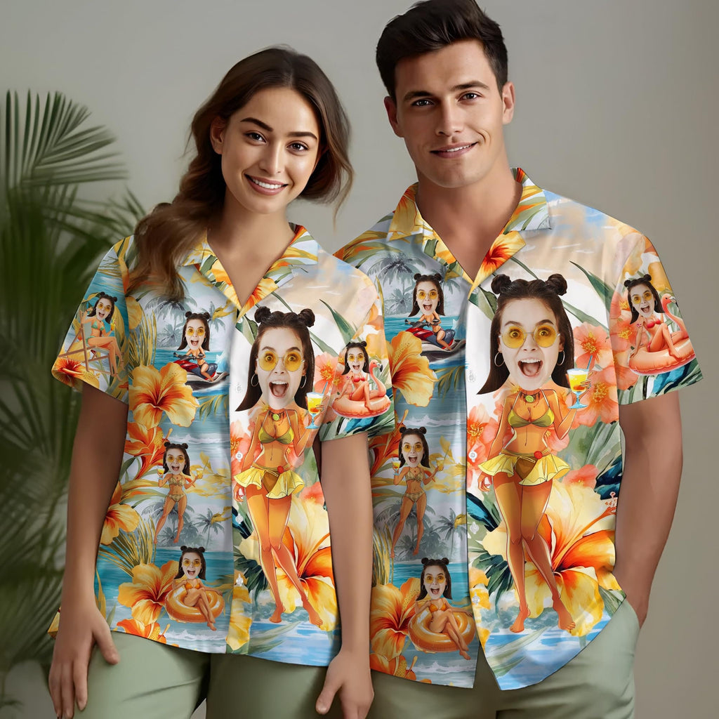 Custom Hawaiian Shirt with Face for Men Women, Personalized Hawaiian Gifts for Girlfriend Boyfriend Couple, Tropical Beach Button Down Shirt
