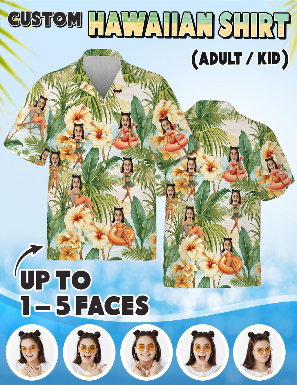 Custom Hawaiian Shirt with Face for Men Women, Personalized Hawaiian Gifts for Girlfriend Boyfriend Couple, Tropical Beach Button Down Shirt