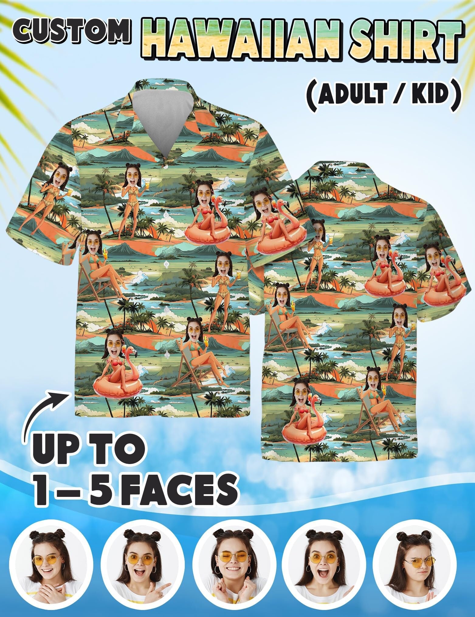 Custom Hawaiian Shirt with Face for Men Women, Personalized Hawaiian Gifts for Girlfriend Boyfriend Couple, Tropical Beach Button Down Shirt