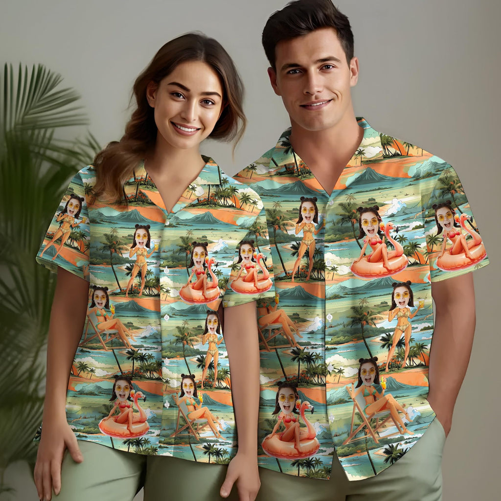 Custom Hawaiian Shirt with Face for Men Women, Personalized Hawaiian Gifts for Girlfriend Boyfriend Couple, Tropical Beach Button Down Shirt