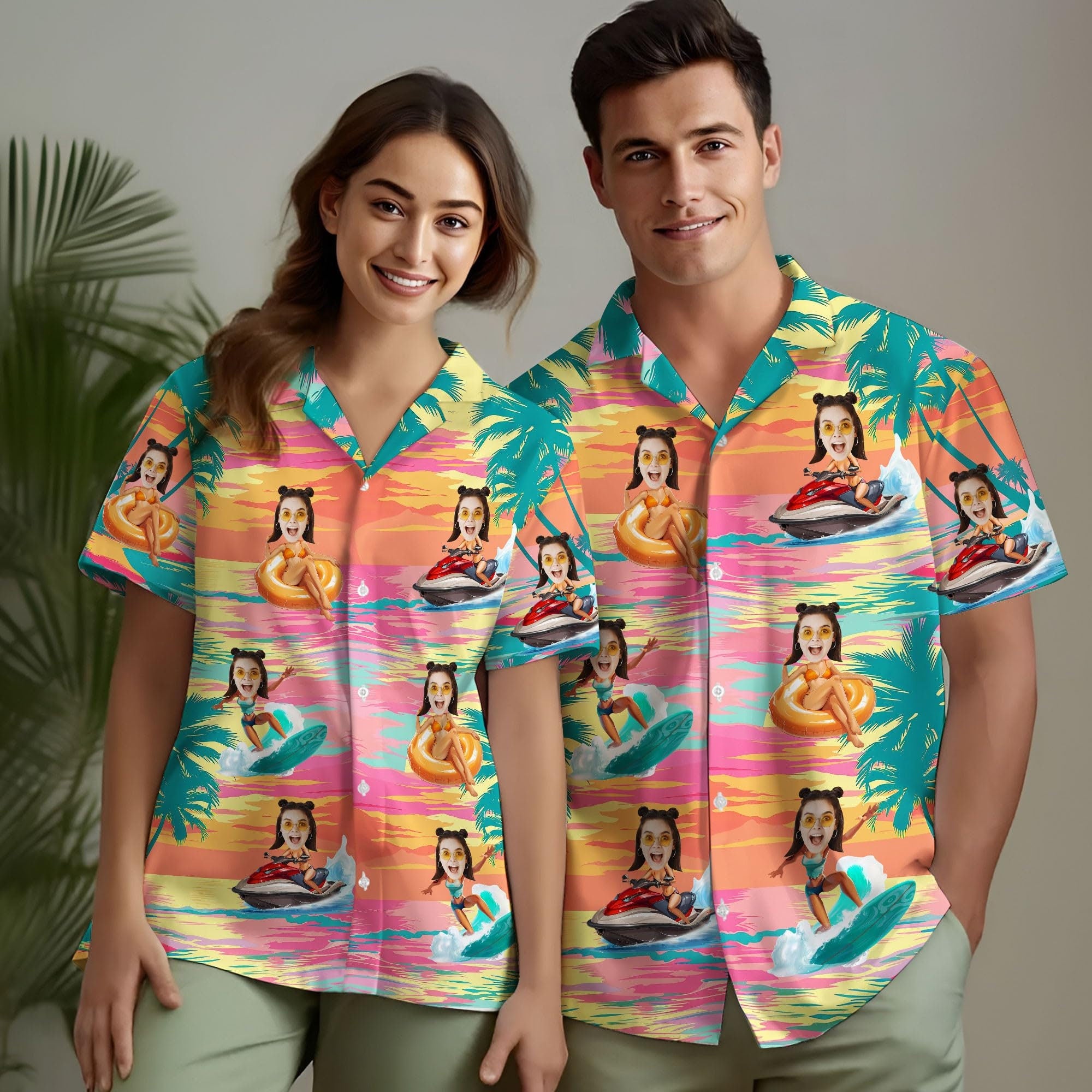 Custom Hawaiian Shirt with Face for Men Women, Personalized Hawaiian Gifts for Girlfriend Boyfriend Couple, Tropical Beach Button Down Shirt